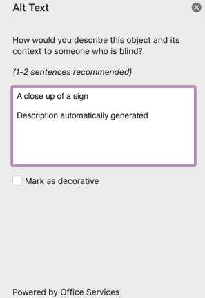 A screenshot from Microsoft Word showing the side panel to edit Alt text. It shows a dialog to edit alt text or mark it as decorative. It advices 1-2 sentences and states "How would you describe this object and its context to someone who is blind"