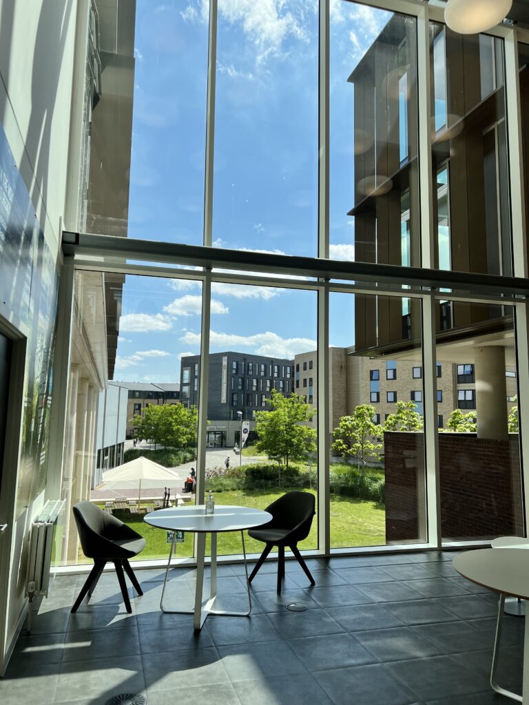 Large windows look out onto campus spaces, bringing in lots of light. Seating is available to take advantage of this.