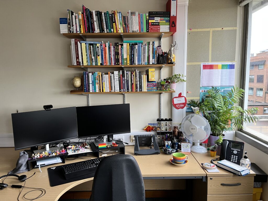 Far from the thirdspace, this photograph shows my new office. Three bookshelves sit above a computer desk with two monitors. The space is colourful with plants, books and posters.